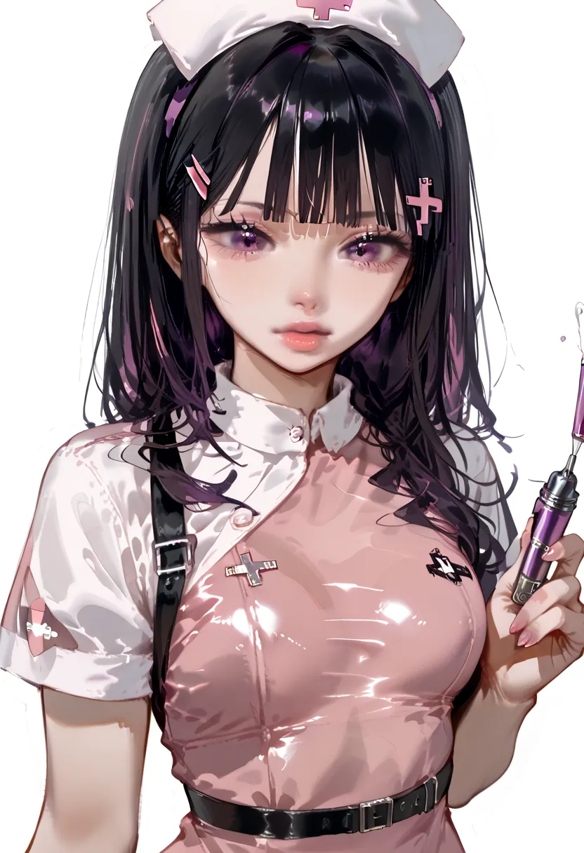 masterpiece, best quality, intricate detail, black hair, purple streaks in hair, blunt bangs, light pink latex nurse outfit, str...