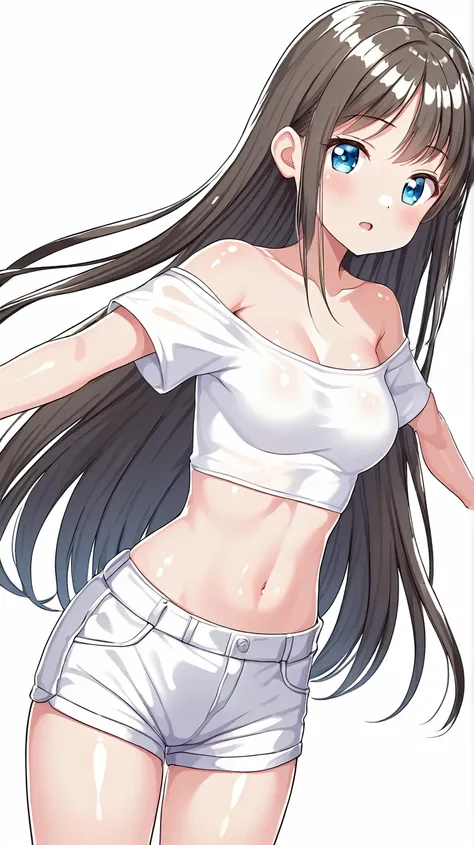 nsfw,cute girl .  very cute , Round face . Alone , slim ,  medium breasts , Short and small . shiny skin .  pure white tube top t-shirt  .  shorts .  Dynamic Pose  .  dynamic angle .  background  , White background ,  watching the audience