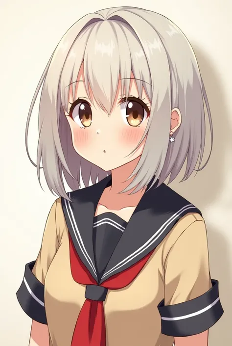 A girl with big tits, tender brown eyes ,  hair cut in layers and smooth platinum color, The medium hair ,  by Boku no Hero wearing the U school uniform.A Hight ,  the very attractive girl ,  with medium star earrings .