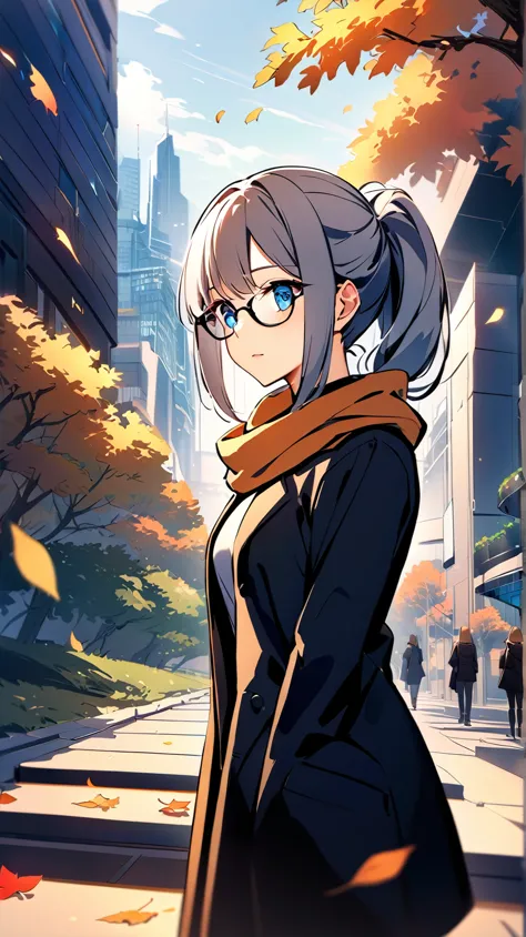 a beautiful female scientist with silver hair styled in a sleek ponytail, wearing stylish eyeglasses and gazing thoughtfully in ...