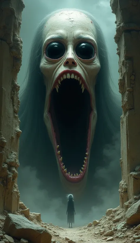 A feminine monster with very big eyes and black hole-like eyes 　It looks like a person shouting so much that his mouth is breaking and I dont think its from this world　There are also vestiges of Japanese-style women 　Ruins in the background
Japanese horror