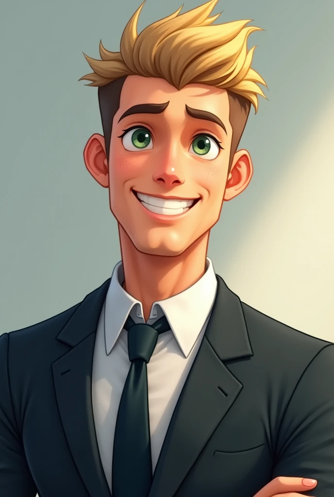 A twenty-seven-year-old boy, up to his chest with his head slightly tilted to the side. Muscular body, wears business suits. Green eyes, sweet kind smile, fair skin, short blond hair. Meina style.