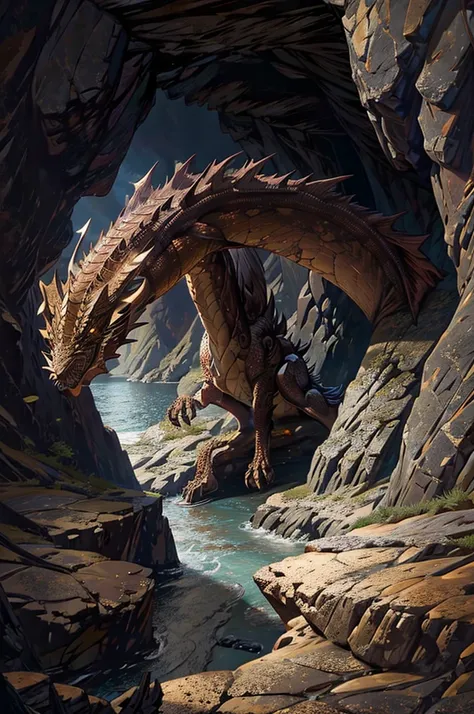 A Bronze metal dragon in a dark cave by the sea.