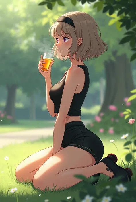 Thin light tea girl ,  with wavy hair and headband in a park who is dressed in a black top and black shorts and who is in rollers