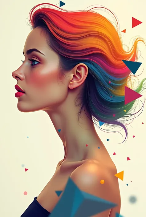 Easy drawing face of pretty young woman in profile with very colorful hair and geometric shapes 