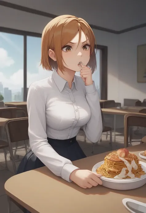 masterpiece,best quality,nsfw,1 girl,short hair,brown hair,brown eyes,precise fingers,dress shirt,skirt,long black tights,long sleeve,meal,forced to eat,a lot of junk food on the table,sit on a chair,underground room,trapped underground room,Kugisaki Nobar...