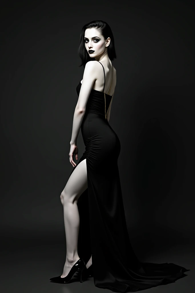 white-skinned woman with black makeup in a black dress with a slit in her leg with black heels posing for a photo