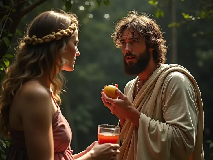 Adam eating the fruit offered by Eve .  He is in a scene that conveys doubt and regret ,  with the surrounding environment starting to change from a serene atmosphere to a darker one.  The light decreases and a sense of sadness invades the scene ."