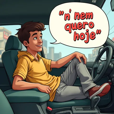 “A meme-style image featuring a humorous scene inspired by the game Counter-Strike, depicting a 30-year-old Brazilian Uber driver in a relaxed pose, as if unwinding after a long day. He’s wearing casual attire, with a slight smirk, and seated in his car. T...