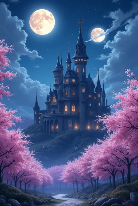 Victorian-era castle anime landscape at night with two moons illuminating the starry sky and an immense forest of blossoming sakuras surrounding it