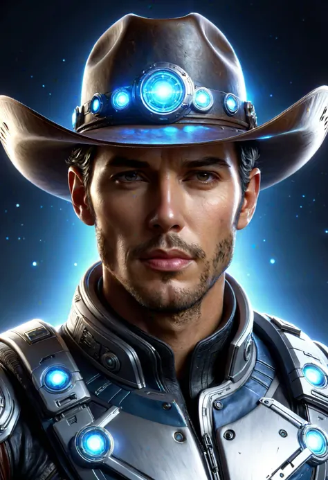 Space Cowboy， ultra-detailed ,realistic,Galaxy,interstellar,1 man， detailed eyes, detailed lips , cowboy, cowboy hat ,Technological clothing,light emitting clothing .Correct human anatomy， Body Movements ，motion capture，cyberpunk， Warhorse mechanical aviat...