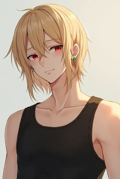 blonde hair, red eyes, Earrings, medium lenght hair , straight fringe, closed mouth, soft beard, Light smile, young male, half body, black tank top