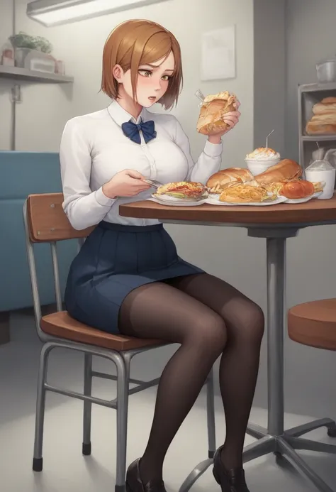 masterpiece,best quality,nsfw,1 girl,short hair,brown hair,brown eyes,precise fingers,dress shirt,skirt,long black tights,long sleeve,meal,a lot of junk food on the table,belly feels a little bloated,sit on a chair,underground room,trapped underground room...