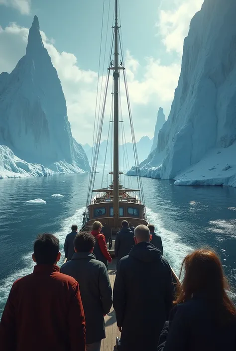 several people standing on the deck of a ship with good looking faces fully visible.  dangerous icebergs in the background with the ship heading right for them.  the ship is going to hit the icebergs and sink