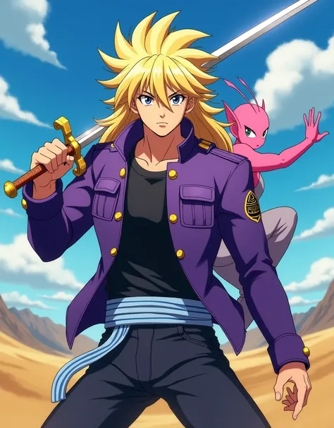 a dynamic pose ,  holding a sword with his right hand raised ,  as if ready to attack or defend . Her hair is long and blonde, stabbed upwards ,  giving an impression of energy or power .  He wears a purple jacket with gold buttons ,  that brings a sense o...