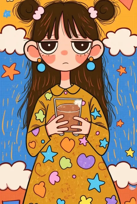   Drawing depicting a girl with long hair,   Holding milk tea in hand🧋，Hand drawn cartoon style,   2 d gouache illustration  ,   brightly colored illustrations  , Cute cartoon ,   Lovely illustrations ：Sad girl ，cloud，Colored Rain 。  solid color background