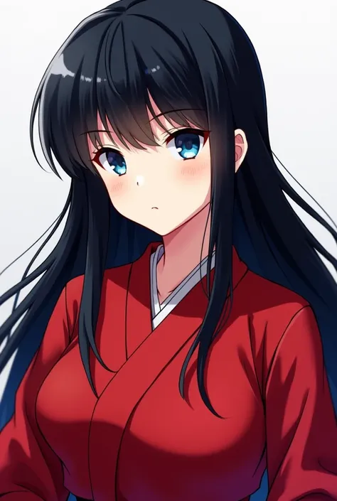  Beautiful girl with straight and long black hair with long locks and light blue or blue eyes, And let it be Kimentsu no Yaiba style with a red haori 