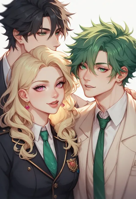 friend. three boys and a girl .  long blonde hair and . green eyes..  black hair hair .And eyes verdagua . the other with dark green hair .y  green eyess oscuro.. the other with burgundy hair and pink eyes..wearing a black suit .. age 25 years