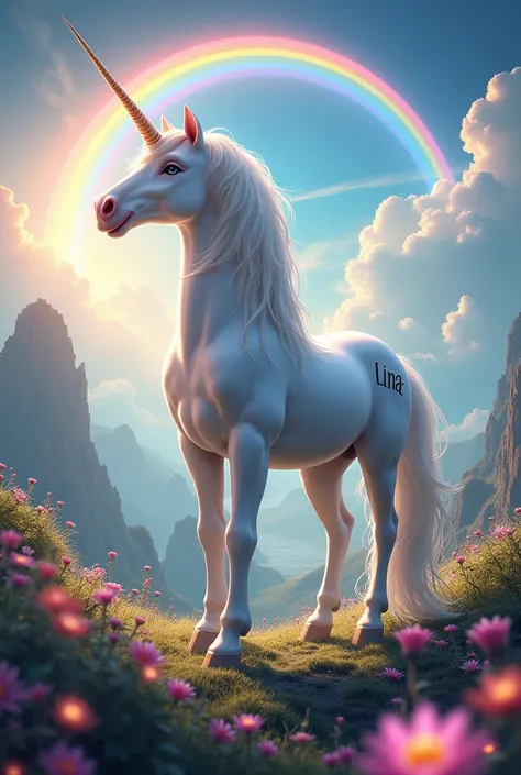 Draw a magical landscape with a unicorn and a rainbow and write Lina on the unicorns side