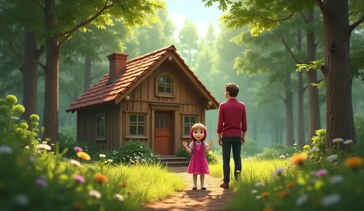 Masha and her parents are standing in front of their new home in the forest, a small but cozy house surrounded by trees. Masha looks curious and excited, exploring the house with joy, while her parents seem more hesitant and serious. Their facial expressio...