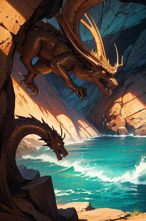 A Bronze metal dragon in a dark cave by the sea.