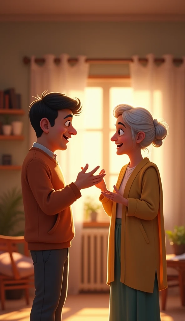 a pakistani 40 years age couple standing, black and white hair mix, talking with pointing the hands , home inside in background, happy mood,  disney pixar style image