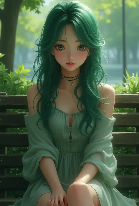 arafed woman with green hair sitting on a bench in a park, a photorealistic painting inspired by Yanjun Cheng, trending on Artstation, realism, green flowing hair, realistic. cheng yi, ross tran 8 k, ((greenish blue tones)), photorealistic anime, realistic...