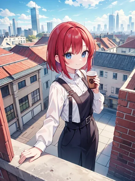  Red-Haired Medium Bob、One woman standing, (Lean on wire mesh), ( looking up at the sky ), Office Work Attire,  small breasts、 mature woman ,   smiles lightly, ( look into the distance ), ( closed mouth), ( Masterpiece Top Quality :1.2)  Delicate Illustrat...