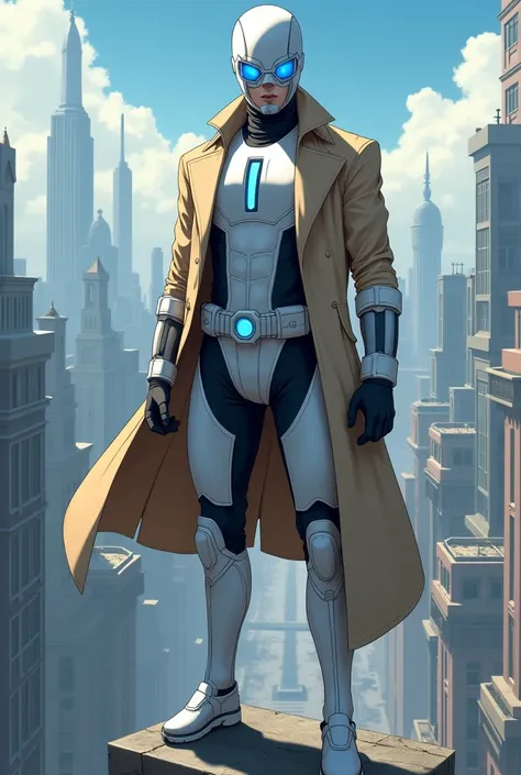 ((best quality)), ((masterpiece)), (detailed), 1 boy in a trench coat standing on a building, full body, 19 years old, masked, white mask covering his entire head and hair, 3d glasses, blue eyes, face mask, no hair, tall and slender, long beige trench coat...