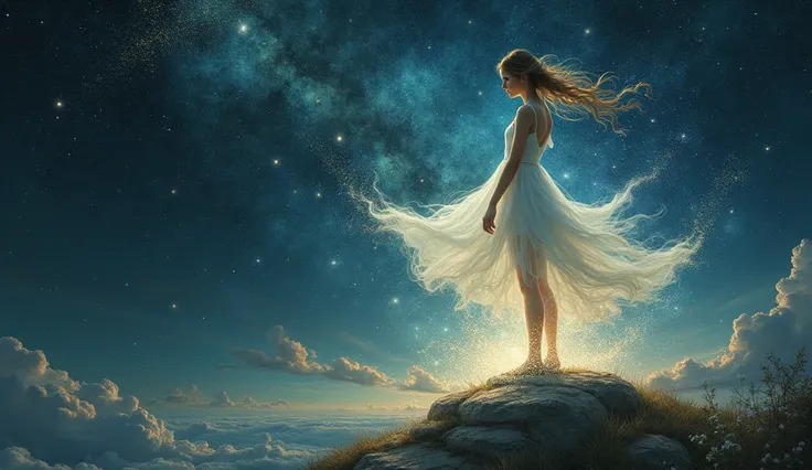 Super long shot, fantasy spirit girl wearing a white dress standing in the Milky Way, the background is the dark universe, the starlight flows like water through the girls ankles,Adopt realistic painting style,  Characters look like real people, photo, sta...