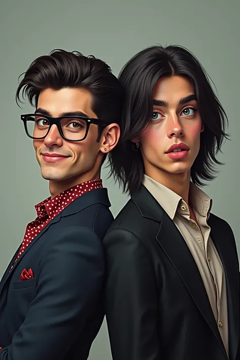 Gemelos adultos Uno con lentes súper arregladito y elegant, with polka dots,  a beautiful smile and a face like an Italian ,And the other rebel , long hair,muscular, elegant,  black hair, tattoos and piercings  