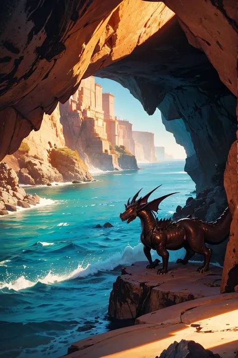 A Bronze metal dragon in a dark cave by the sea.