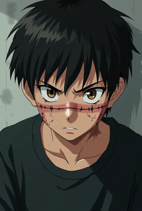 Brown-eyed anime boy, with an annoying and serious expression,  a horizontal scar on the nose ,  one on the right vertical eyebrow ,  and one that goes from the ear to the left cheek ,  and a scar from the jaw to the right cheek,  wearing a black sweatshir...