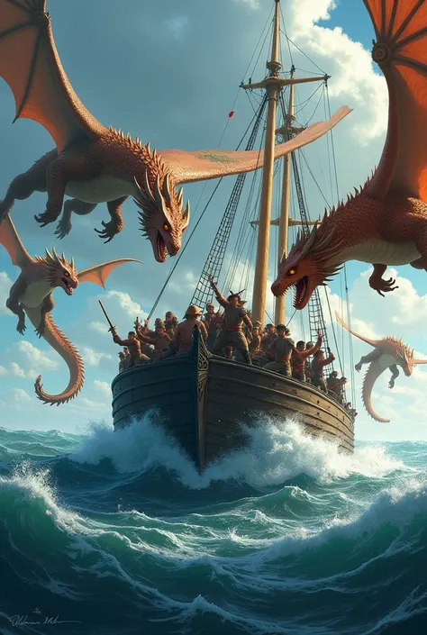 several people on a ship fighting dragons who are attacking the ship.  the people are clearly visible and we can see their faces.