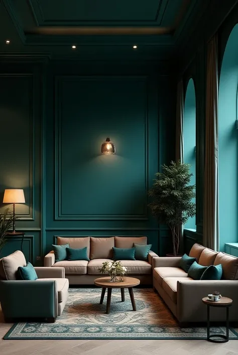 Living room reception in dark turquoise