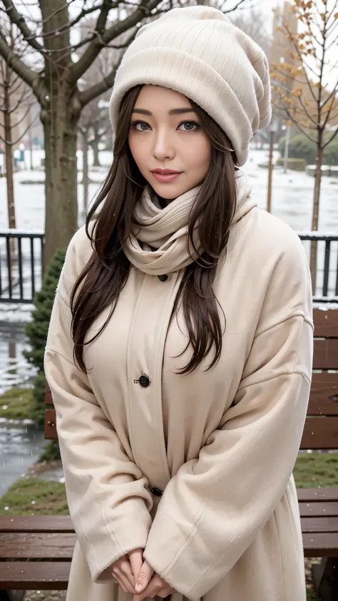 1 woman,  winter outfit, Winter Cap , long coat, scarf,  detailed face, beard,  Long Brown Hair , eye on hair, ( View of the upper body:1.25),
In Park , eyey park,  winter, (eyefall in background:1.2), (heavy rain:1.15), eye, very eyey, trees covered in ey...