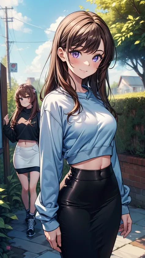 ((((masterpiece, best quality:1.8, high detail)))), ((2girls)), (beautiful woman), looking at viewer, smile, bright purple eyes, solo focus, long hair, ((brown hair)), hairpin, ((light blue sweatshirt)), (black midi pencil skirt), slim body, midriff, navel...