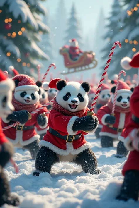 Panda armies in Santa Claus uniform