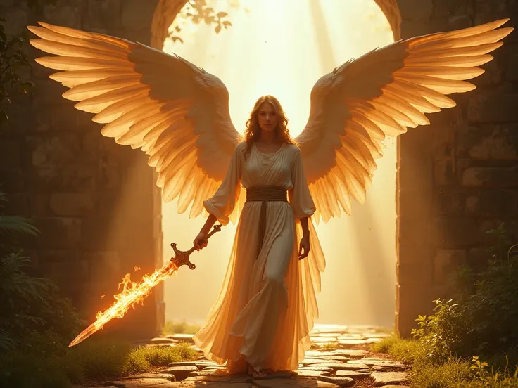  An angel with a flaming sword ,  positioning itself at the entrance to the Garden of Eden to prevent Adam and Eve from returning. The sword shines brightly ,  and the angel has an imposing posture , with wide wings and a serious expression.  The garden in...