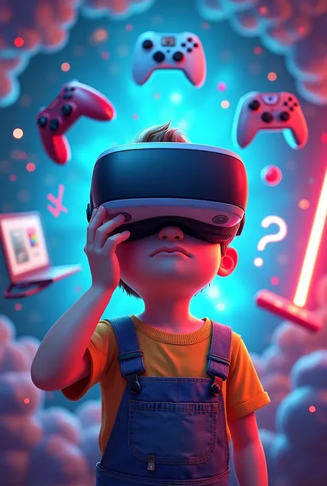  Create an image of a colorful banner with a drawing of a boy in the center using virtual reality glasses, disappointed, with his hand on his face and several video games orbiting around him