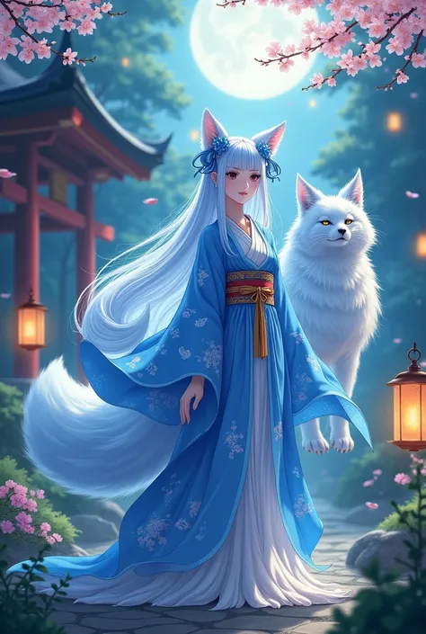 torii　Shrine maiden　Nine-Tailed Fox　fox Light blue hair 　beast girl　indigo fur　fox beast girl　fox Light blue hair 　beast girl　indigo fur　fox beast girl　Wallpaper 4k,8k,highly detailled,,vivid colors,detailed kitsune with 9 tails,traditional Japanese artwor...