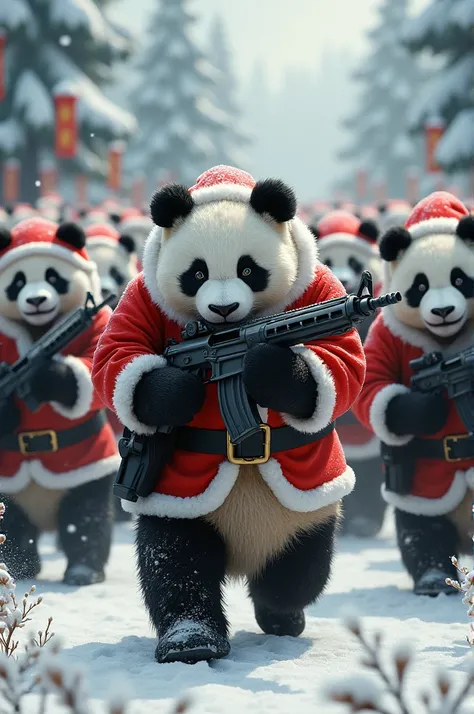 Panda armies with weapons wearing Santa Claus uniform