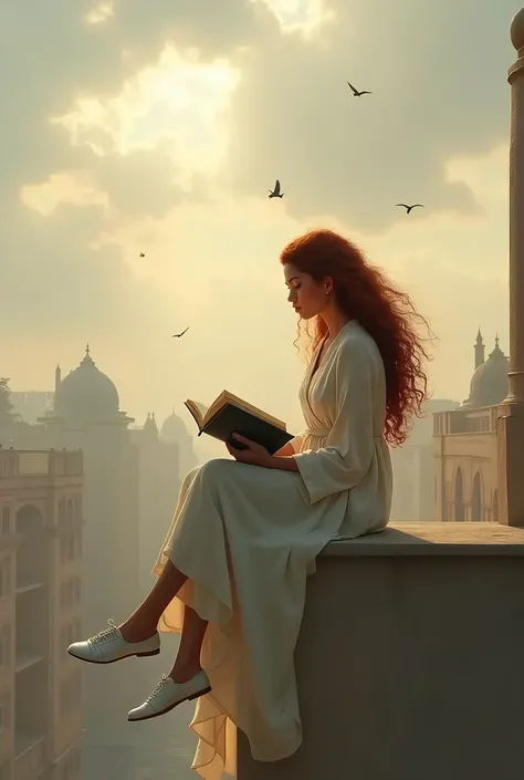 impressionism, photorealism, hyperrealism,  very precise details , young arab woman, pink lips,  long curly red hair blown by the wind, Robe, chaussures en cuir blanc,  sitting on the roof wall and reading a book , montrant des maisons lointaines, misty sk...