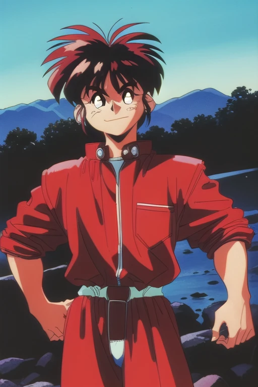 Do my oc  (man) The (1990s (style):1.5)  wearing a red jacket and black shirt, black and red hair ,  smiling,  looking at the landscape ,Brown eyes