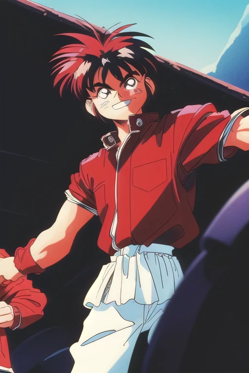 Do my oc  (man) The (1990s (style):1.5)  wearing a red jacket and black shirt, black and red hair ,  smiling,  looking at the landscape ,Brown eyes