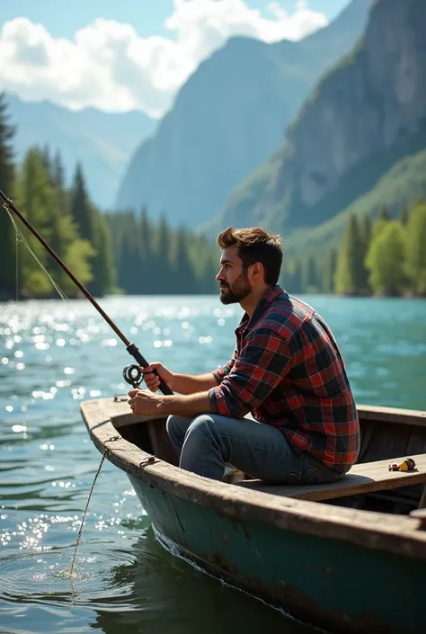  Make me a character of someone 20 years old man fishing for fish on a boat, the picture looks clear and realistic  