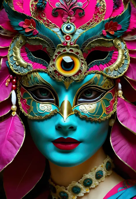 Have a book ，上面有一张书签和一副eye mask, with gorgeous detailed eye,  intricate mask ,  ornate mask and fabrics , detailed mask , intricate eye, complex art. neon eye, eye mask, fantastic detailed eye,  Masquerade masks ,  Beautifully detailed orixa , author：Lena ...