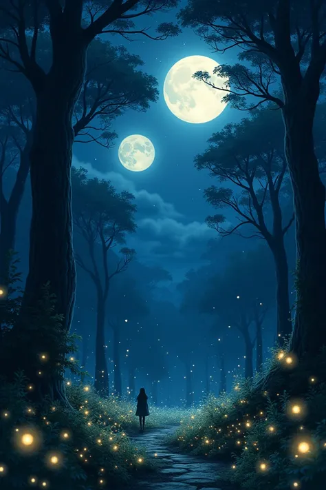 Anime landscape dark forest with two moons and several fireflies illuminating the place