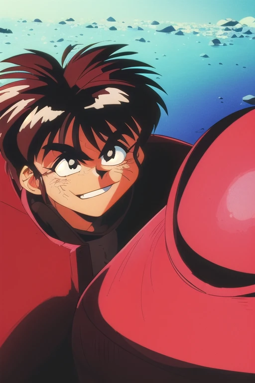 Do my oc  (man) The (1990s (style):1.5)  wearing a red jacket and black shirt, black and red hair ,  smiling,  looking at the landscape ,Brown eyes