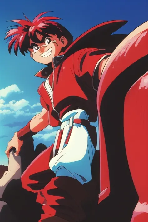 Do my oc  (man) The (1990s (style):1.5)  wearing a red jacket and black shirt, black and red hair ,  smiling,  looking at the landscape ,Brown eyes